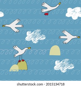 Seamless pattern with wild ducks, waves and clouds in cartoon style. Wallpaper, backgound for kids