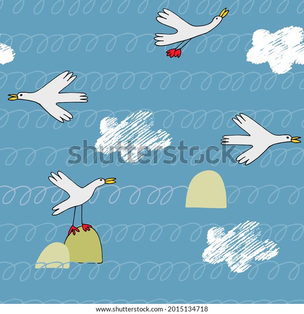 Seamless pattern with wild\
ducks, waves and clouds in cartoon style. Wallpaper, backgound for\
kids