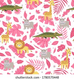 Seamless pattern of wild exotic animals living in savannah or tropical jungle. Vector bright illustration for kids isolated on white background.
