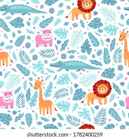 Seamless pattern of wild exotic animals living in savannah or tropical jungle. Vector bright illustration for kids isolated on white background.