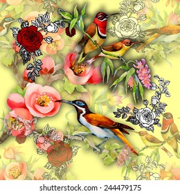 Seamless pattern with wild exotic birds on the branch with flowers on yellow background vector illustration