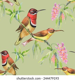 Seamless pattern with wild exotic birds on the branch with flowers on green background vector illustration