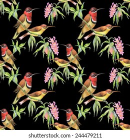 Seamless pattern with wild exotic birds on the branch with flowers on black background vector illustration