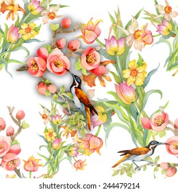 Seamless pattern with wild exotic birds on the branch with flowers on white background vector illustration