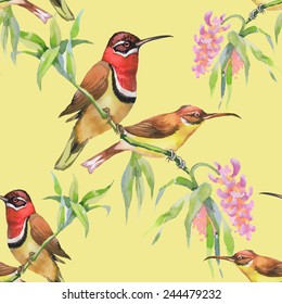 Seamless pattern with wild exotic birds on the branch with flowers on yellow background vector illustration