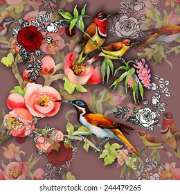 Seamless pattern with wild exotic birds on the branch with flowers on brown background vector illustration