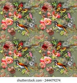 Seamless pattern with wild exotic birds on the branch with flowers on olive background vector illustration