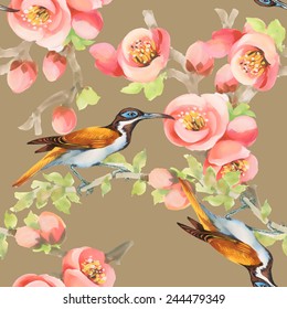 Seamless pattern with wild exotic birds on the branch with flowers on beige background vector illustration