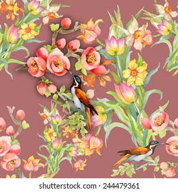 Seamless pattern with wild exotic birds on the branch with flowers on red background vector illustration