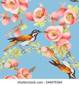 Seamless pattern with wild exotic birds on the branch with flowers on blue background vector illustration