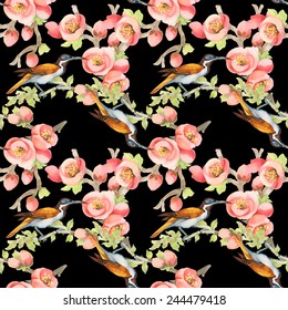Seamless pattern with wild exotic birds on the branch with flowers on black background vector illustration