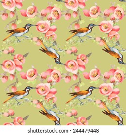 Seamless pattern with wild exotic birds on the branch with flowers on olive background vector illustration