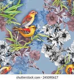 Seamless pattern with wild exotic birds on the branch with flowers on blue background vector illustration