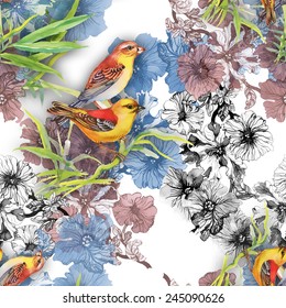 Seamless pattern with wild exotic birds on the branch with flowers on white background vector illustration