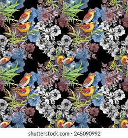 Seamless pattern with wild exotic birds on the branch with flowers on black background vector illustration