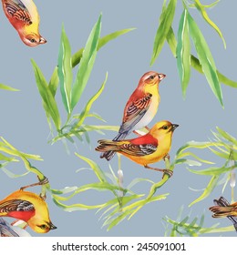 Seamless pattern with wild exotic birds on the branch with flowers on gray background vector illustration