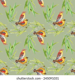 Seamless pattern with wild exotic birds on the branch with flowers on green background vector illustration