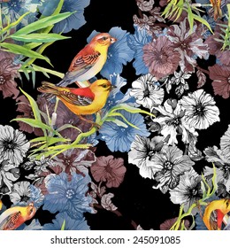 Seamless pattern with wild exotic birds on the branch with flowers on black background vector illustration
