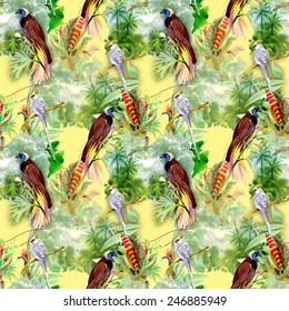 Seamless pattern with wild exotic birds on the branch with flowers on tropical yellow background vector illustration