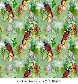 Seamless pattern with wild exotic birds on the branch with flowers on tropical green background vector illustration