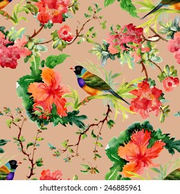 Seamless pattern with wild exotic birds on the branch with flowers on pink background vector illustration