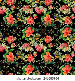 Seamless pattern with wild exotic birds on the branch with flowers on black background vector illustration