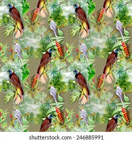 Seamless pattern with wild exotic birds on the branch with flowers on tropical olive background vector illustration