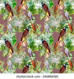 Seamless pattern with wild exotic birds on the branch with flowers on tropical brown background vector illustration