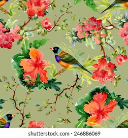 Seamless pattern with wild exotic birds on the branch with flowers on green background vector illustration