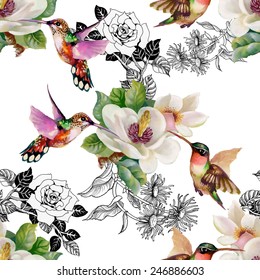 Seamless pattern with wild exotic birds on branch with flowers on white background vector illustration