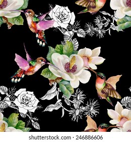 Seamless pattern with wild exotic birds on branch with flowers on black background vector illustration