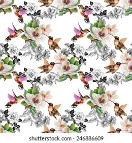 Seamless pattern with wild exotic birds on branch with flowers on white background vector illustration