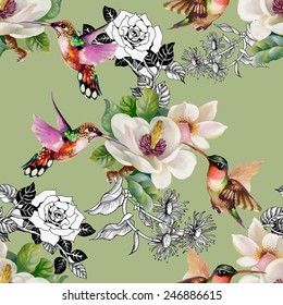 Seamless pattern with wild exotic birds on branch with flowers on green background vector illustration