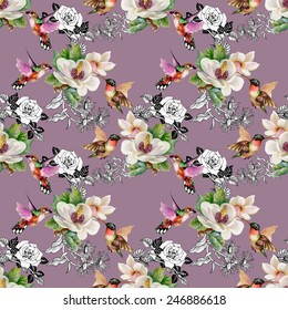 Seamless pattern with wild exotic birds on branch with flowers on purple background vector illustration