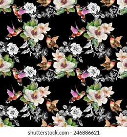 Seamless pattern with wild exotic birds on branch with flowers on black background vector illustration