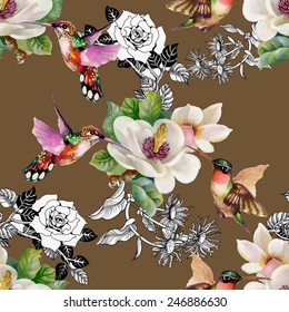 Seamless pattern with wild exotic birds on branch with flowers on brown background vector illustration