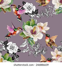 Seamless pattern with wild exotic birds on branch with flowers on purple background vector illustration