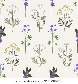 Patrón sin foco con flores silvestres. Fondos y fondos de pantalla para invitaciones, tarjetas, tejidos, embalajes, textiles, carteles. Ilustración vectorial.