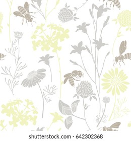 Seamless pattern with wild flowers and bees. Vector illustration with summer meadow.