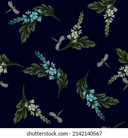 Seamless pattern with wild flowers and bugs. Vector