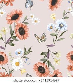 seamless pattern of wild flowers and butterflies hand drawn vector illustration