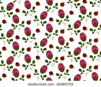 Seamless pattern with wild flowers clover and ladybug