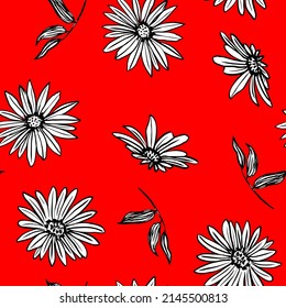 Nahtloses Muster mit wilden Blumen Gänseblümchen auf rotem Hintergrund, Vektorgrafik-Druck für Tapeten, Textilien, Gewebe, Packpapier.