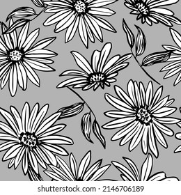 Seamless pattern with wild flowers daisies and leaves on a gray background vector illustration print for wallpaper, textile, fabric, wrapping paper.