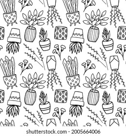 Seamless pattern with wild flowers and flowerpots on a white background. Monochrome vector doodle style background