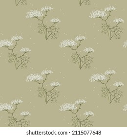 Seamless pattern of wild flowers and grass in pastel colors. Cicuta virosa flowers in boho style.