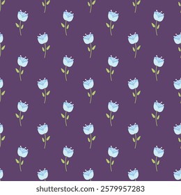Seamless pattern with wild flowers, green branch on dark background. Cute floral print. Floral seamless background. Light flowers on dark background in trendy fashion vintage style. Stock vector.