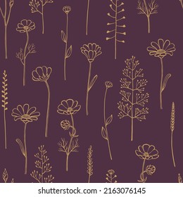 Seamless pattern with wild flowers. Hand drawn floral elements. Vector illustration.