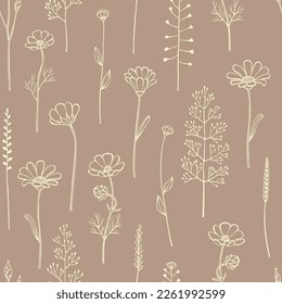 Seamless pattern with wild flowers. Hand drawn floral elements. Vector illustration.