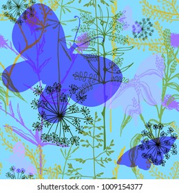 Seamless pattern with wild flowers, herbs and grasses. Floral background with forest aroma and medical plants. Meadows. Bright colorful herbal illustration.